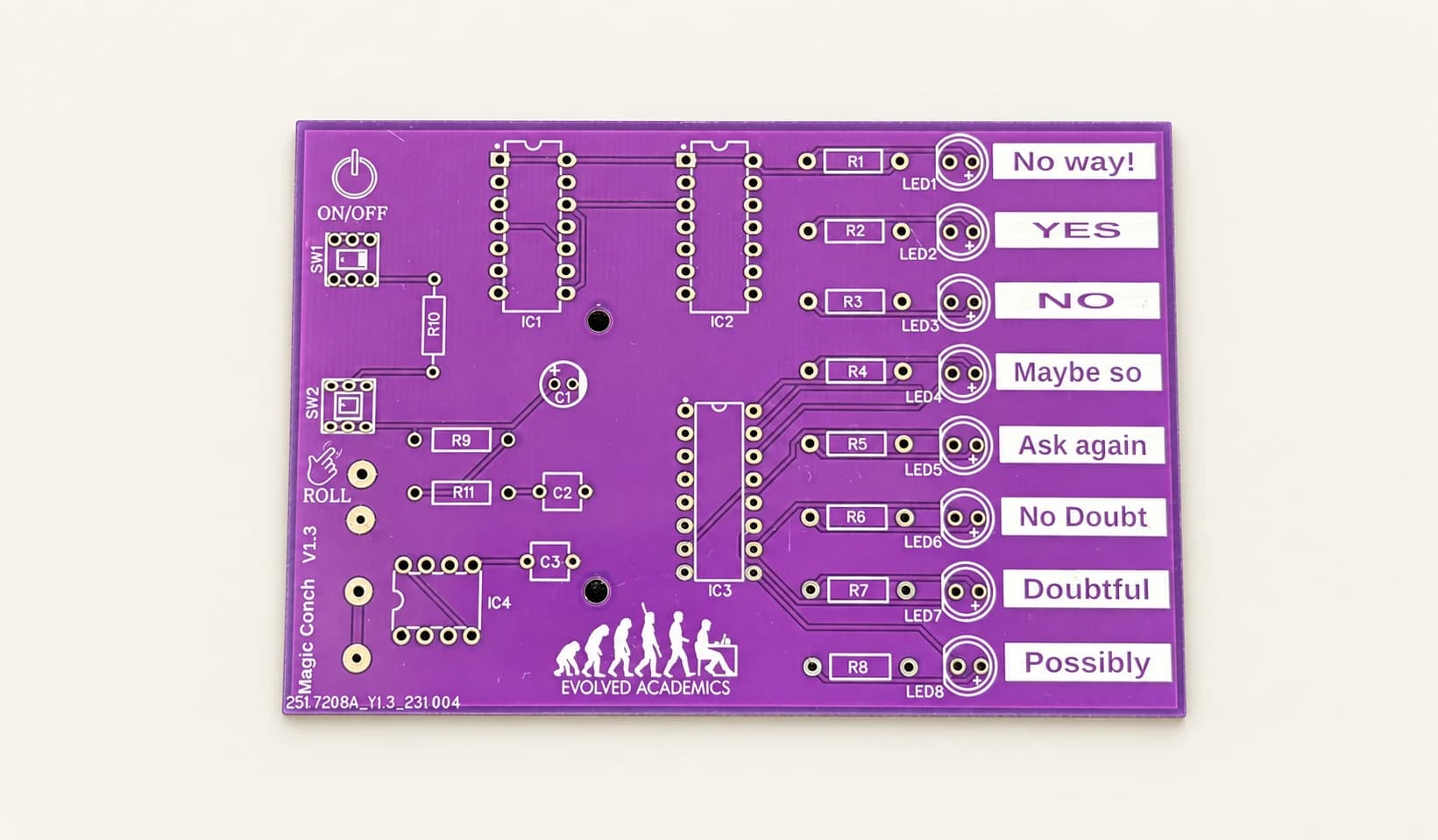 The bare Magic Conch circuit board, printed with component outlines, designators, and eight answer labels
